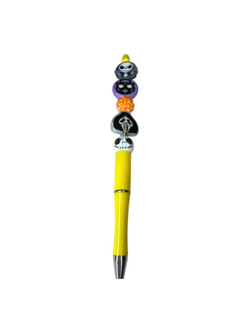 Halloween-Themed Beaded Pen With Yellow Barrel And Spooky Skull Cat & Ghost Deta